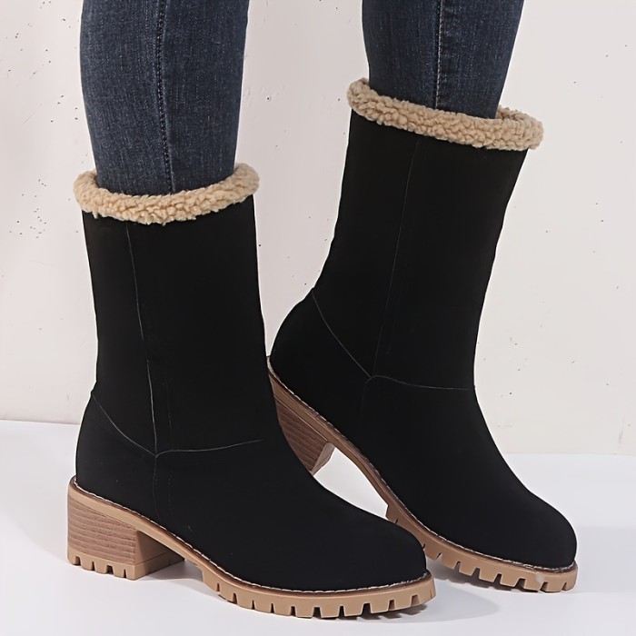 Women's Warm Plush Lined Boots, Chunky Heeled Ankle Boots, Classic & Comfortable Chelsea Boots