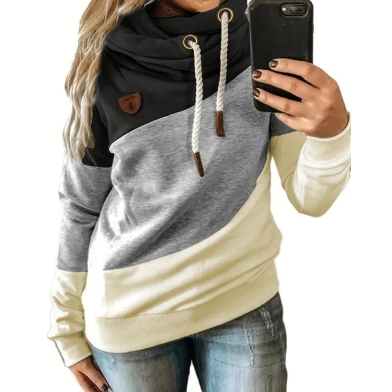 Plus Size Casual Sweatshirt, Women's Plus Colorblock Long Sleeve Hooded Drawstring Slight Stretch Sweatshirt