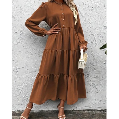 Ruffle Trim Solid Tiered Dress, Elegant Button Front Long Sleeve Dress, Women's Clothing