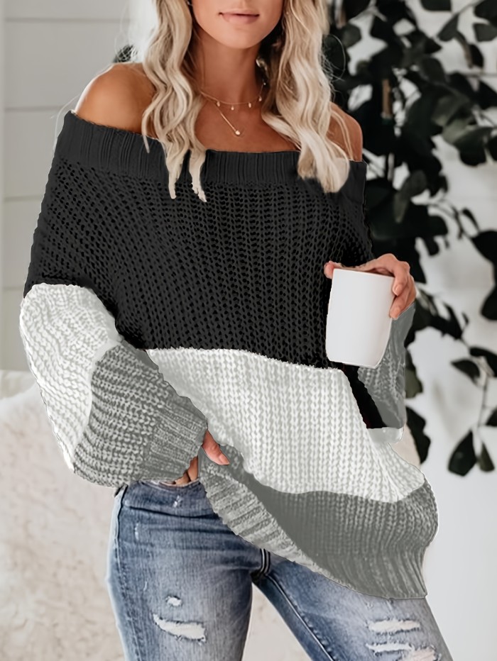 Off Shoulder Color Block Knit Sweater, Casual Loose Long Sleeve Sweater, Women's Clothing