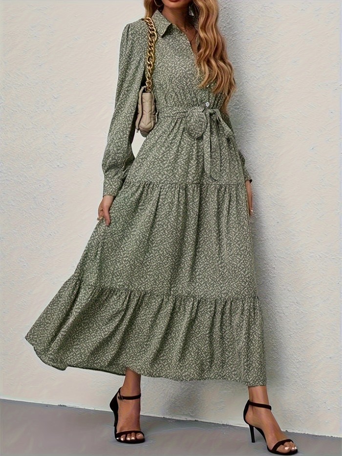 Allover Print Tiered Dress, Elegant Button Front Long Sleeve Dress, Women's Clothing