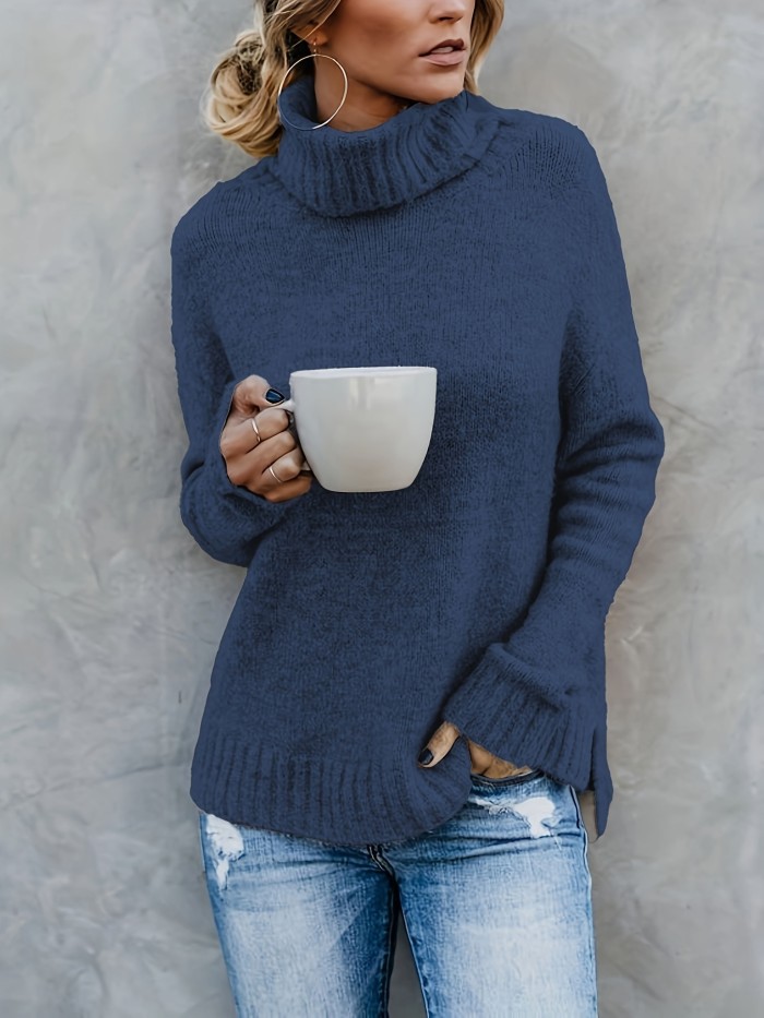 Solid Turtle Neck Pullover Sweater, Casual Long Sleeve Split Sweater For Fall & Winter, Women's Clothing