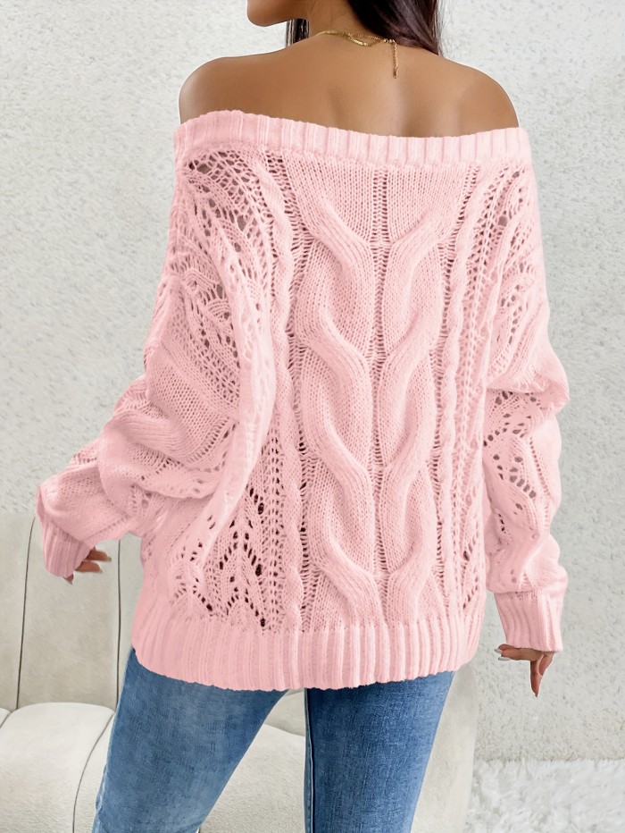 Off Shoulder Cable Knit Sweater, Casual Long Sleeve Sweater For Fall & Winter, Women's Clothing