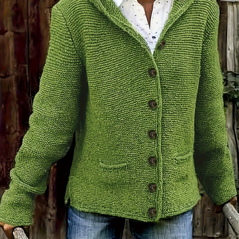 Solid Button Up Knit Cardigan, Casual Hooded Long Sleeve Sweater Outerwear With Pocket