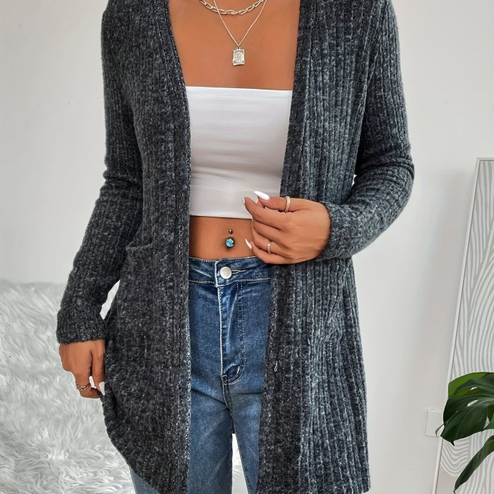Plus Size Casual Cardigan, Women's Plus Solid Ribbed Long Sleeve Open Front Slight Stretch Cardigan With Pockets
