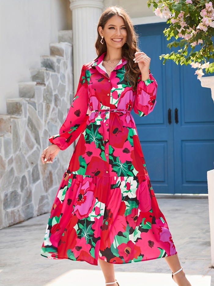 Floral Print Maxi Dress, Vacation Turn Down Collar Long Sleeve Button Front Dress, Women's Clothing