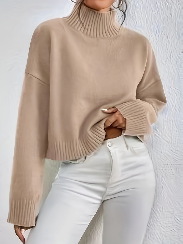 Solid Mock Neck Pullover Sweater, Casual Long Sleeve Drop Shoulder Sweater, Women's Clothing