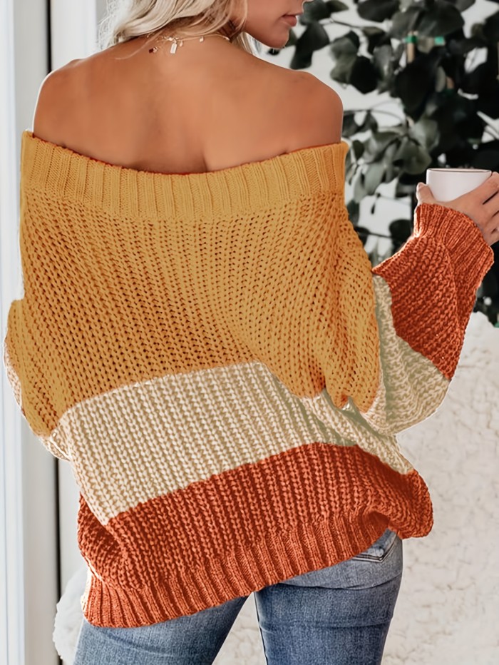 Off Shoulder Color Block Knit Sweater, Casual Loose Long Sleeve Sweater, Women's Clothing