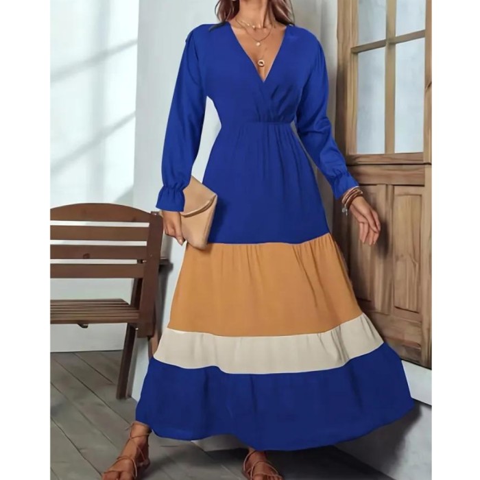 Plus Size Casual Dress, Women's Plus Colorblock Flounce Sleeve V Neck Smock Maxi Dress