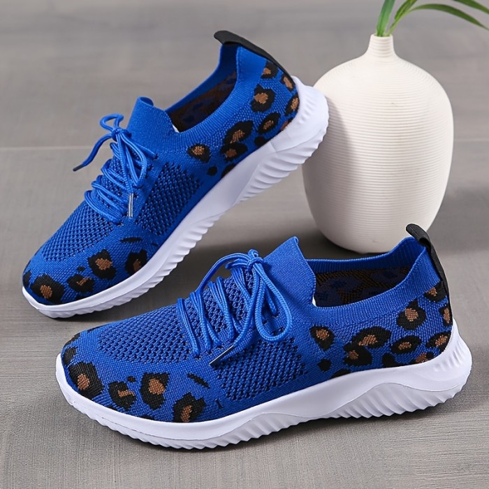 Women's Breathable & Lightweight Sneakers, Leopard Pattern Lace-up Running Shoes, Women's Footwear