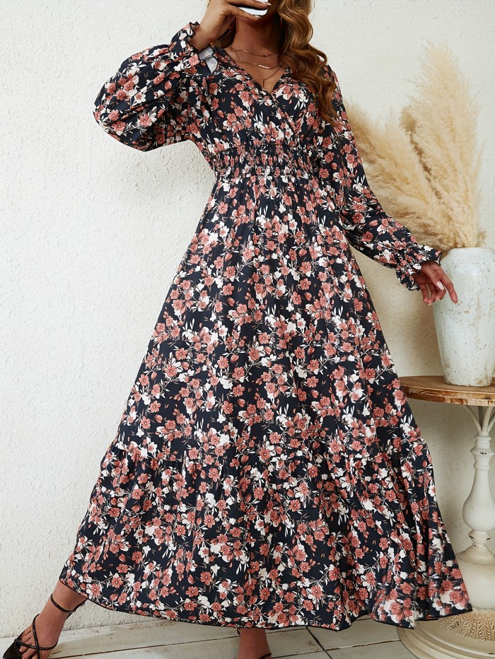 Floral Print Surplice Neck Dress, Elegant Flowy Flounce Long Sleeve Maxi Dress For Spring & Fall , Women's Clothing