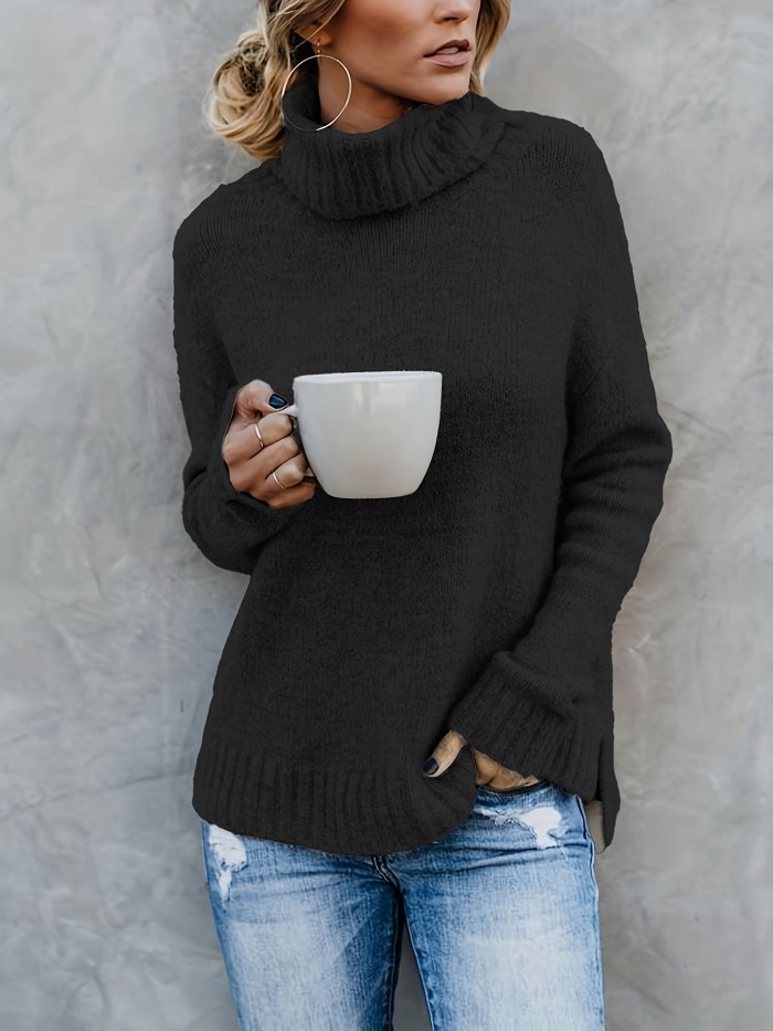 Solid Turtle Neck Pullover Sweater, Casual Long Sleeve Split Sweater For Fall & Winter, Women's Clothing