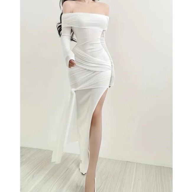 Foldover Off-shoulder Knot Decor Dress, Stylish Long Sleeve Split Hem Slim Dress, Women's Clothing