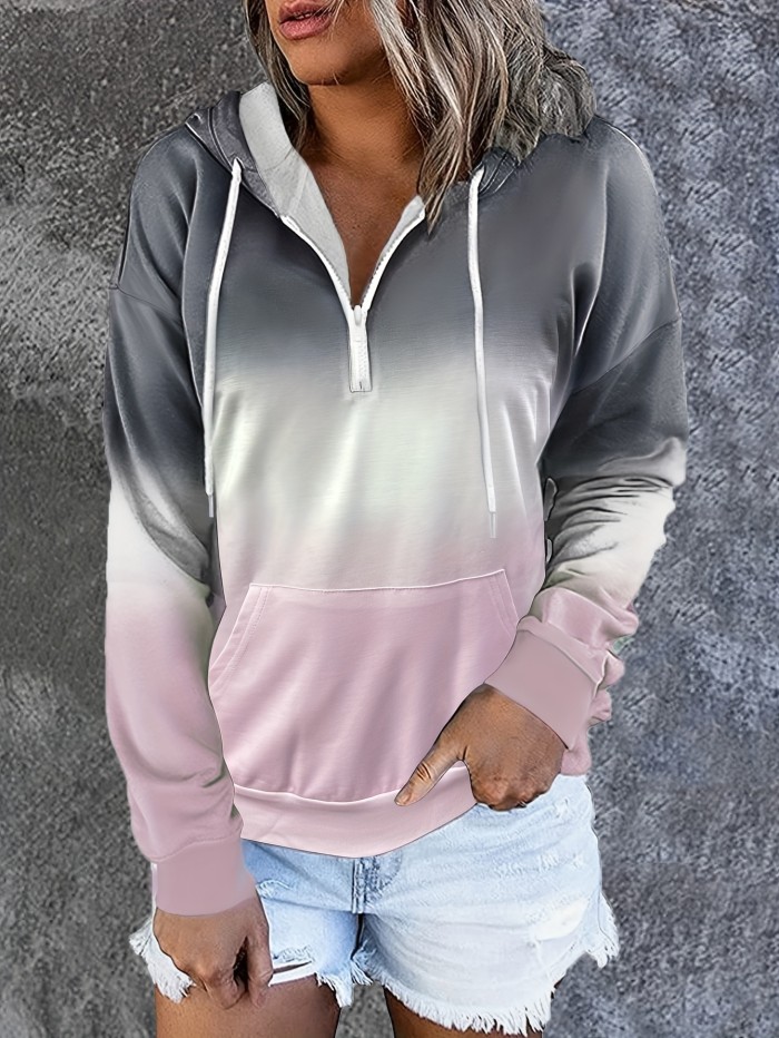 Color Block Drawstring Half Zip Hoodies, Street Wear Drop Shoulder Kangaroo Pocket Sweatshirt, Women's Clothing