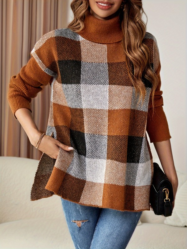 Plaid Turtle Neck Pullover Sweater, Casual Long Sleeve Split Sweater, Women's Clothing