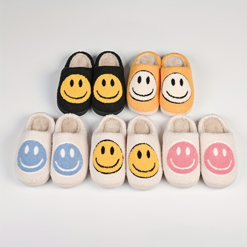 Kawaii Design Smiling Face Slippers, Warm Slip On Soft Plush Cozy Shoes, Women's Indoor Home Slippers