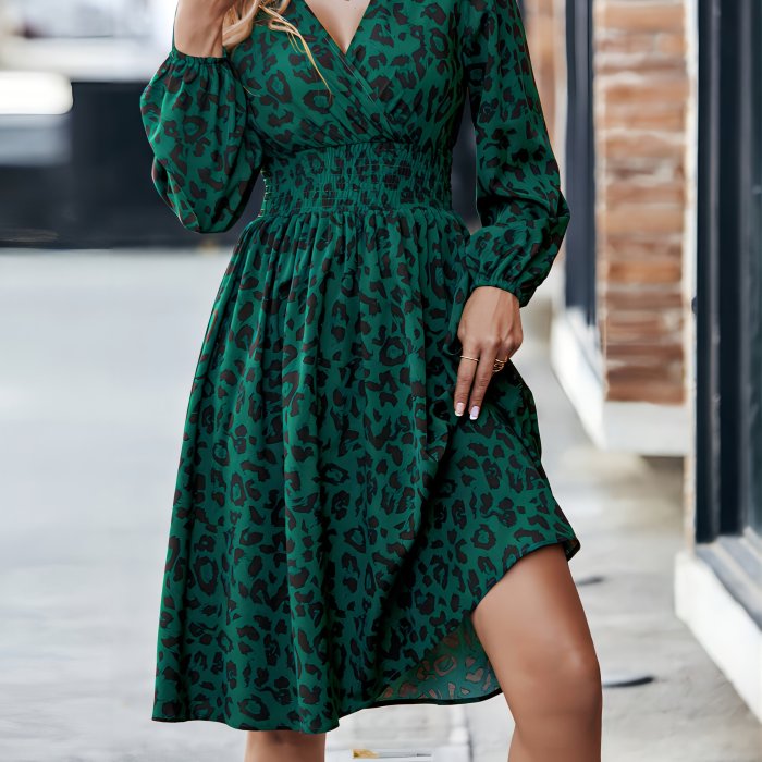 Women's Leopard Print Dress, V-neck Long Sleeve Dress, Dress For Work & Office, Women's Clothing