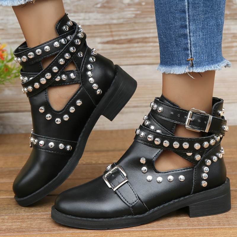 Women's Solid Color Cool Boots, Buckle Belt & Studded Decor Platform Boots, Winter Round Toe Punk Boots
