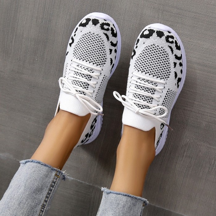 Women's Breathable & Lightweight Sneakers, Leopard Pattern Lace-up Running Shoes, Women's Footwear