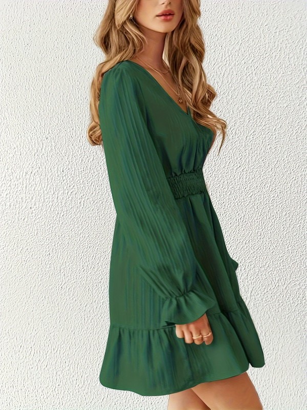 Shirred Waist Ruffle Trim Dress, Casual V Neck Long Sleeve Dress, Women's Clothing