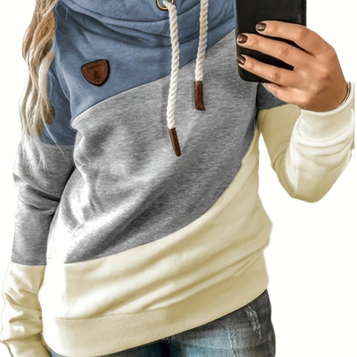 Plus Size Casual Sweatshirt, Women's Plus Colorblock Long Sleeve Hooded Drawstring Slight Stretch Sweatshirt