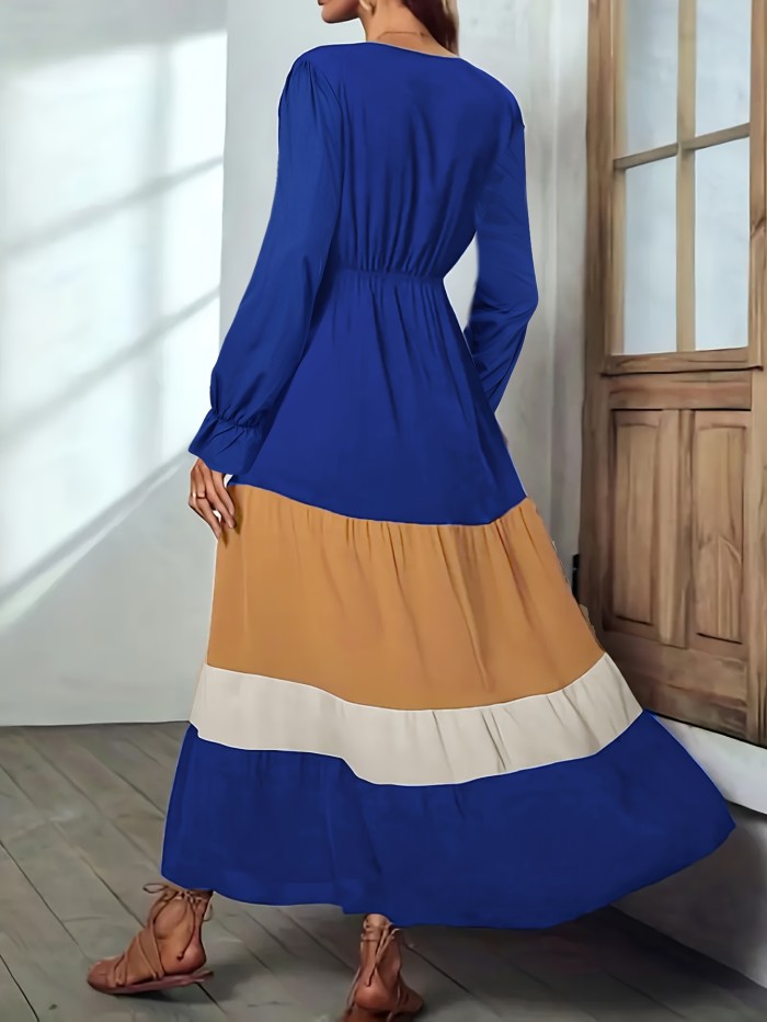 Plus Size Casual Dress, Women's Plus Colorblock Flounce Sleeve V Neck Smock Maxi Dress