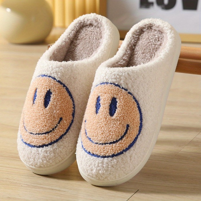 Kawaii Design Smiling Face Slippers, Warm Slip On Soft Plush Cozy Shoes, Women's Indoor Home Slippers