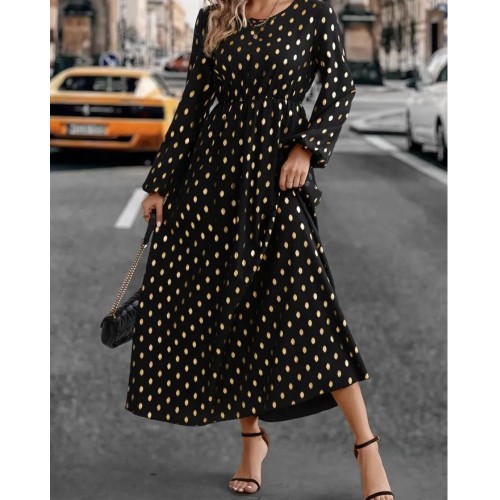 Allover Print High Waist Dress, Casual Crew Neck Long Sleeve Maxi Dress, Women's Clothing