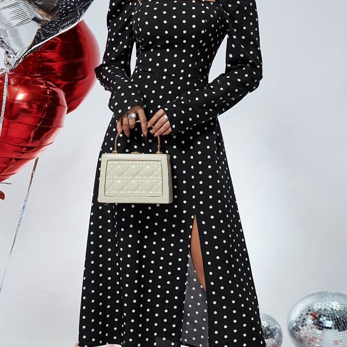 Polka Dot Print Split Dress, Elegant Squared Neck Long Sleeve Dress, Women's Clothing
