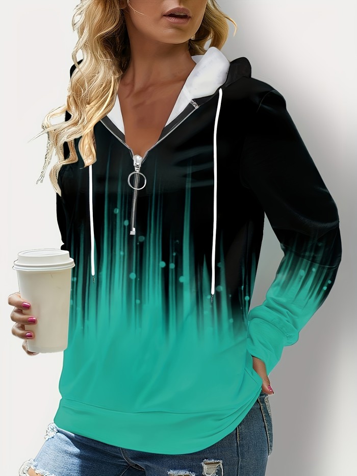 Gradient Print Quarter Zipper Front Hoodie, Casual Long Sleeve Drawstring Hoodies Sweatshirt, Women's Clothing