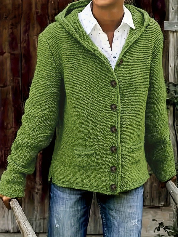 Solid Button Up Knit Cardigan, Casual Hooded Long Sleeve Sweater Outerwear With Pocket