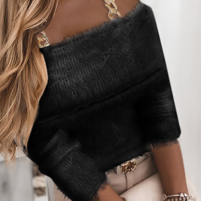 Fuzzy Chain Link Knit Sweater, Elegant Cold Shoulder Long Sleeve Sweater, Women's Clothing