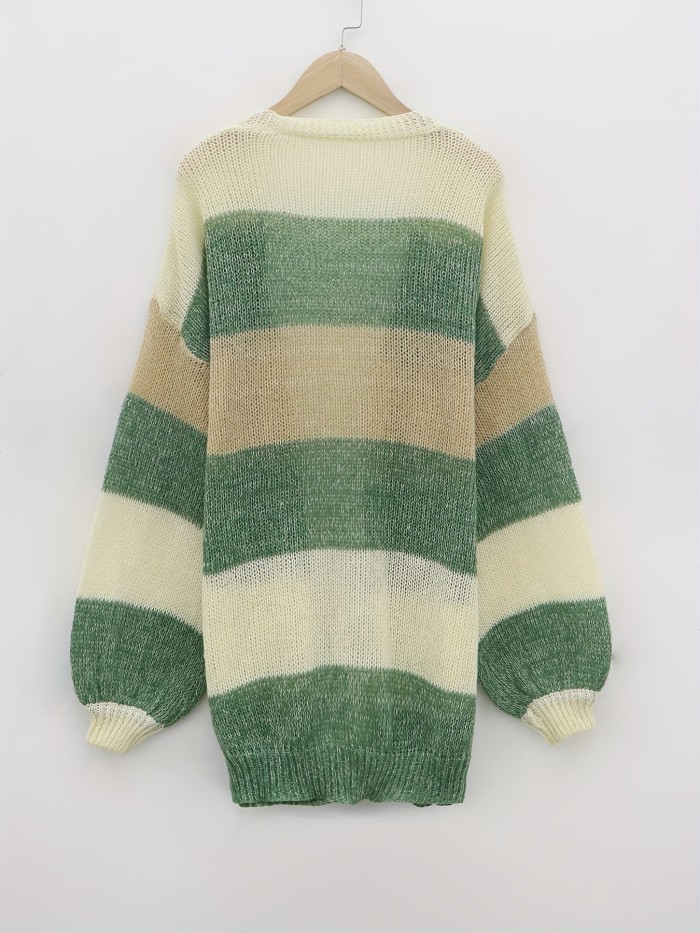 Plus Size Casual Cardigan, Women's Plus Stripe Print Long Sleeve Open Front Sweater Cardigan