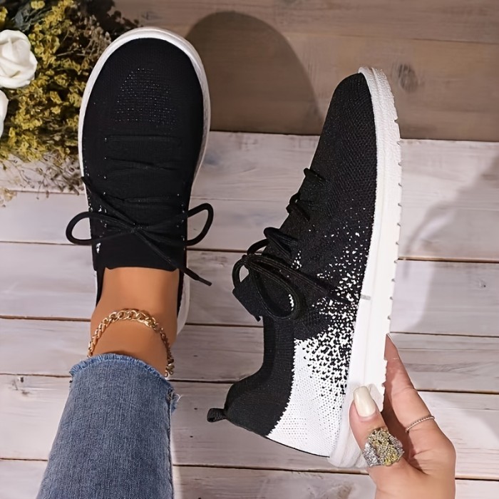 Women's Knitted Walking Sneakers, Breathable Lace Up Low Top Trainers, Casual Lightweight Sports Shoes