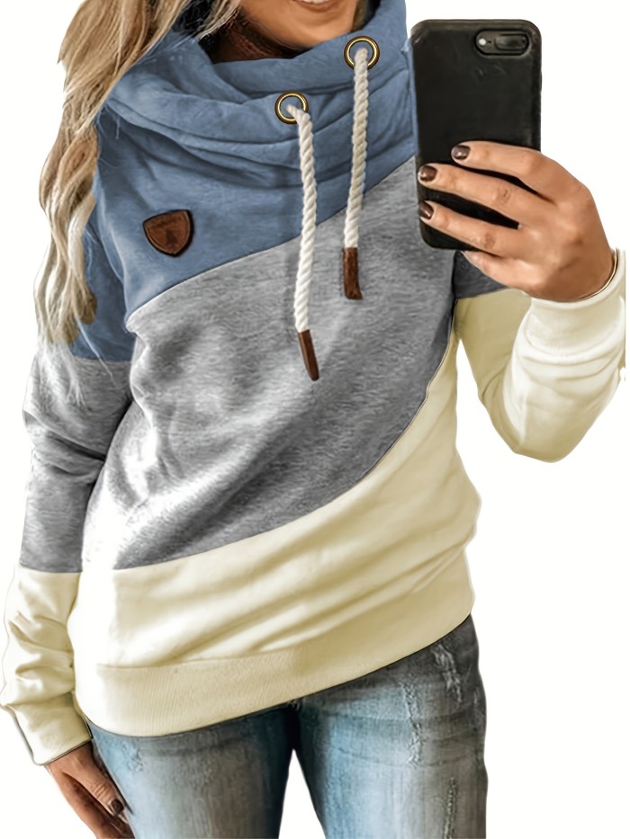 Plus Size Casual Sweatshirt, Women's Plus Colorblock Long Sleeve Hooded Drawstring Slight Stretch Sweatshirt