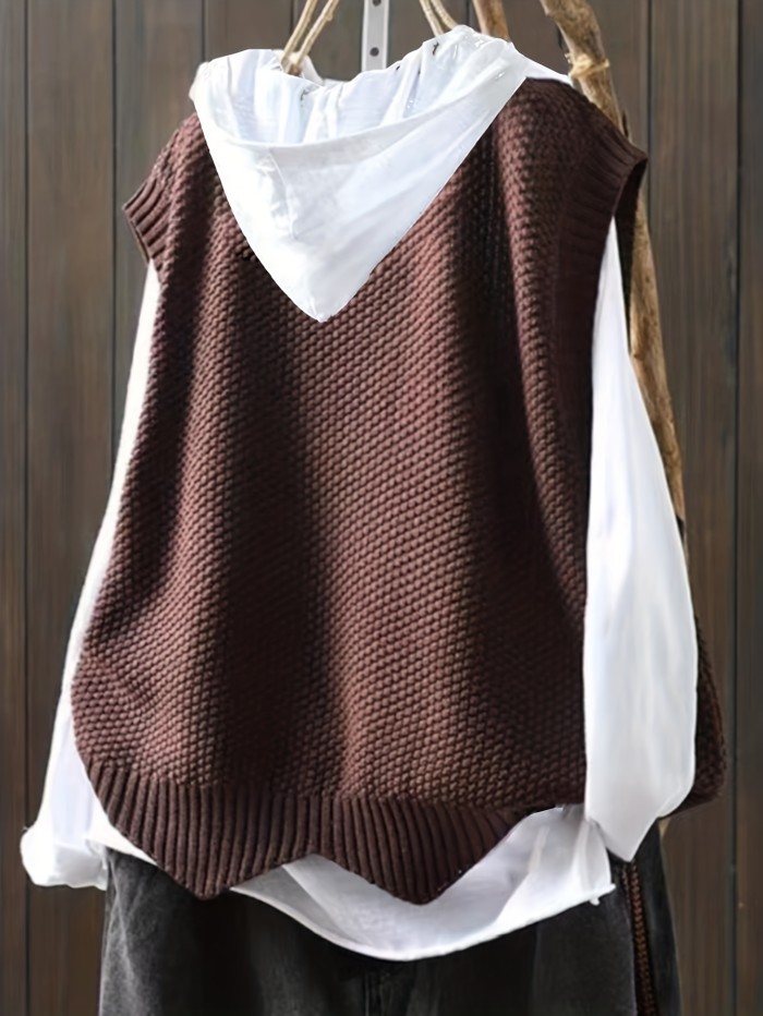 Solid Crew Neck Sweater Vest, Casual Sleeveless Vest For Spring & Fall, Women's Clothing