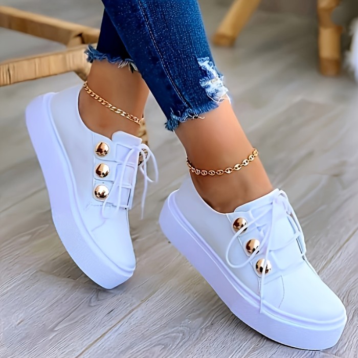 Women's Casual Sneakers, Lace Up Low Top Plain Toe Lightweight Shoes