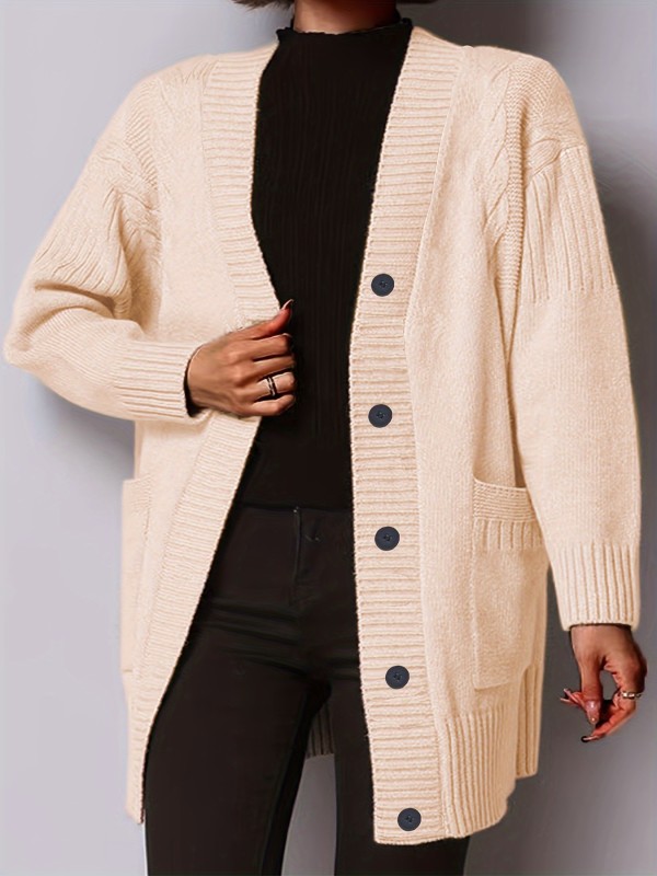 Plus Size Casual Cardigan, Women's Plus Solid Long Sleeve Button Up Slight Stretch Sweater Cardigan With Pockets