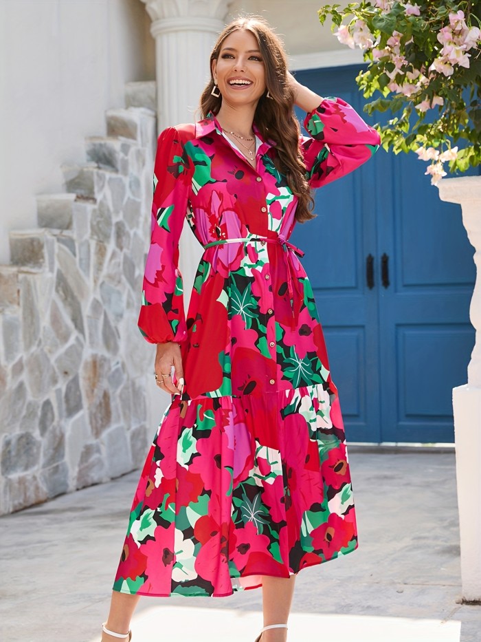 Floral Print Maxi Dress, Vacation Turn Down Collar Long Sleeve Button Front Dress, Women's Clothing