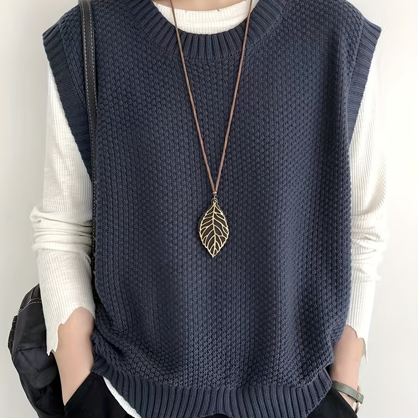 Solid Crew Neck Sweater Vest, Casual Sleeveless Vest For Spring & Fall