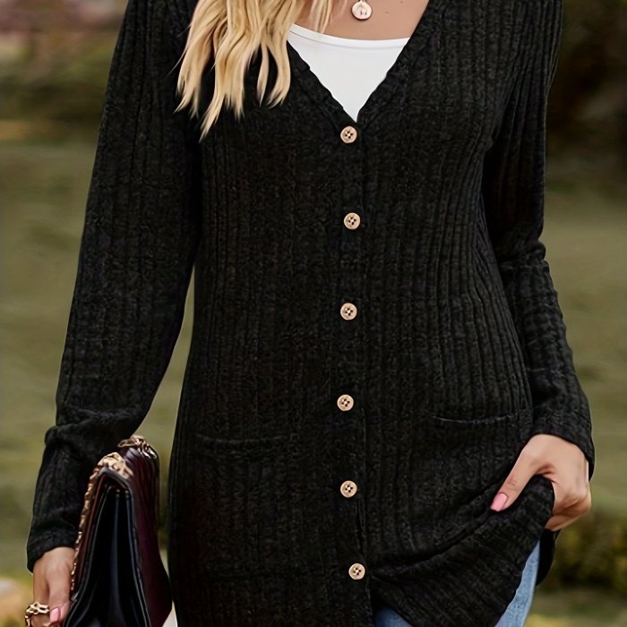 Plus Size Casual Cardigan, Women's Plus Ribbed Knit Long Sleeve Button Up Sweater Cardigan With Pockets