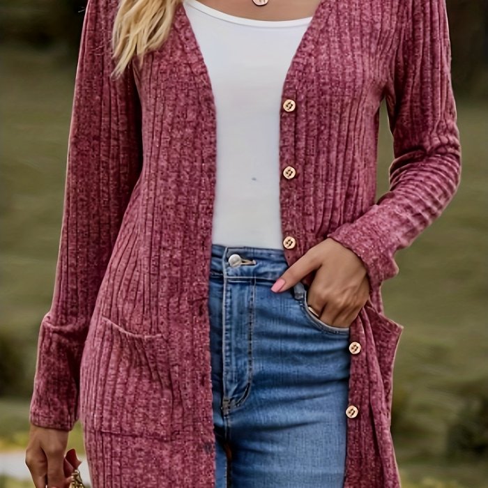 Plus Size Casual Cardigan, Women's Plus Ribbed Knit Long Sleeve Button Up Sweater Cardigan With Pockets