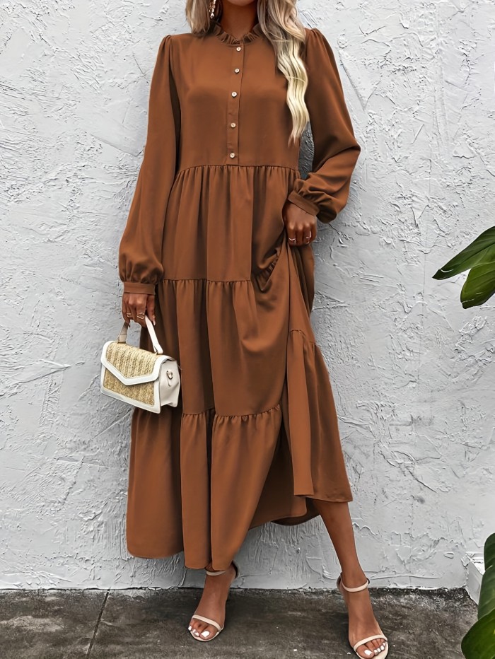 Ruffle Trim Solid Tiered Dress, Elegant Button Front Long Sleeve Dress, Women's Clothing