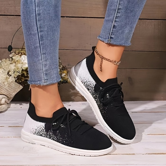 Women's Knitted Walking Sneakers, Breathable Lace Up Low Top Trainers, Casual Lightweight Sports Shoes
