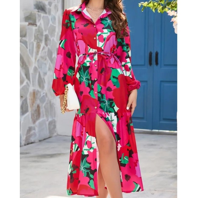 Floral Print Maxi Dress, Vacation Turn Down Collar Long Sleeve Button Front Dress, Women's Clothing