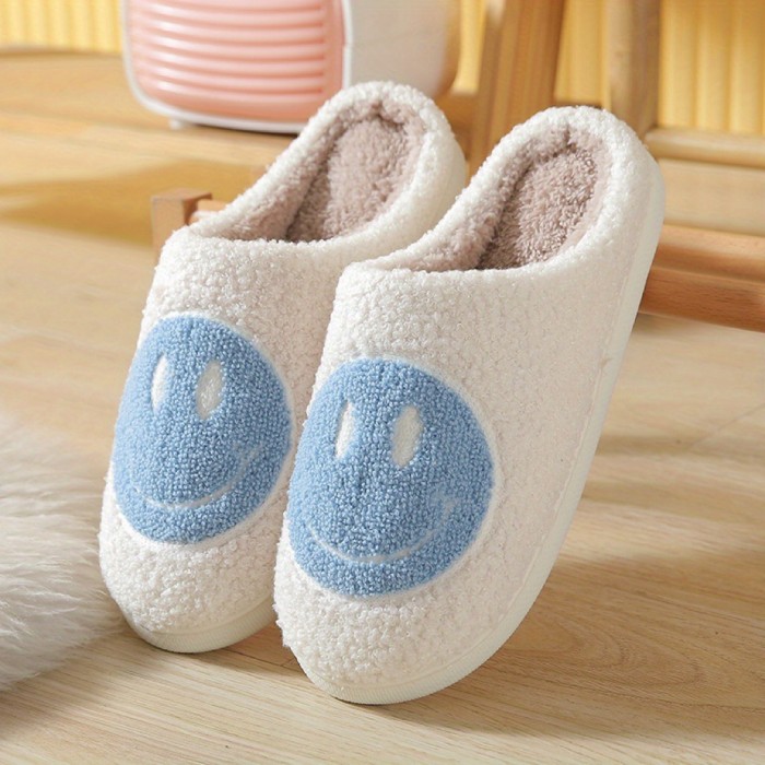 Kawaii Design Smiling Face Slippers, Warm Slip On Soft Plush Cozy Shoes, Women's Indoor Home Slippers