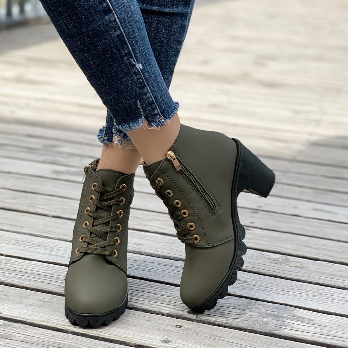Women's Chunky Heeled Ankle Boots, Solid Color Side Zipper Boots, Beer Festival Dress Shoes