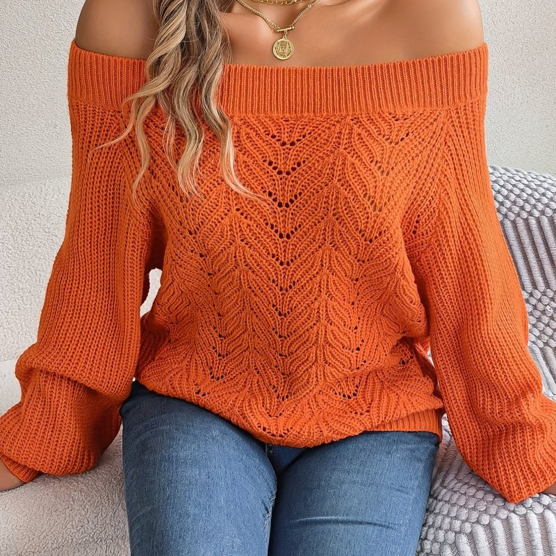 Solid Off Shoulder Pointelle Knit Sweater, Casual Long Sleeve Loose Sweater, Women's Clothing