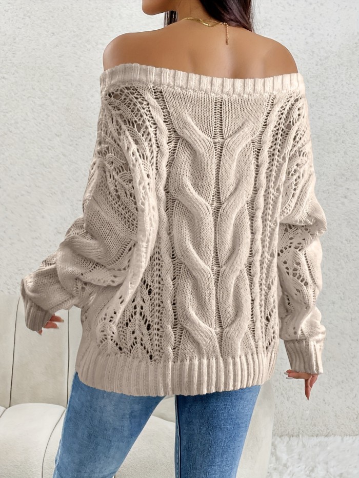 Off Shoulder Cable Knit Sweater, Casual Long Sleeve Sweater For Fall & Winter, Women's Clothing
