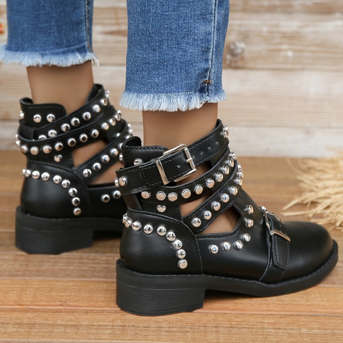 Women's Solid Color Cool Boots, Buckle Belt & Studded Decor Platform Boots, Winter Round Toe Punk Boots